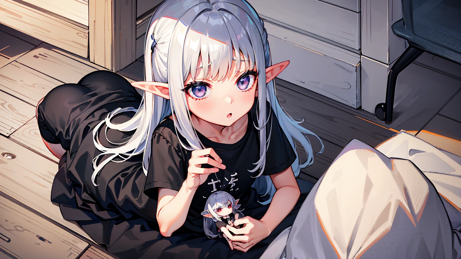 Elf Girl、8-year-old、Medium-long silver hair、Silver Eyes、Just a big black T-shirt、Short sleeves、Other than that, I don't wear anything else、She's not even wearing bottoms、barefoot、Seductive expression、whole body、