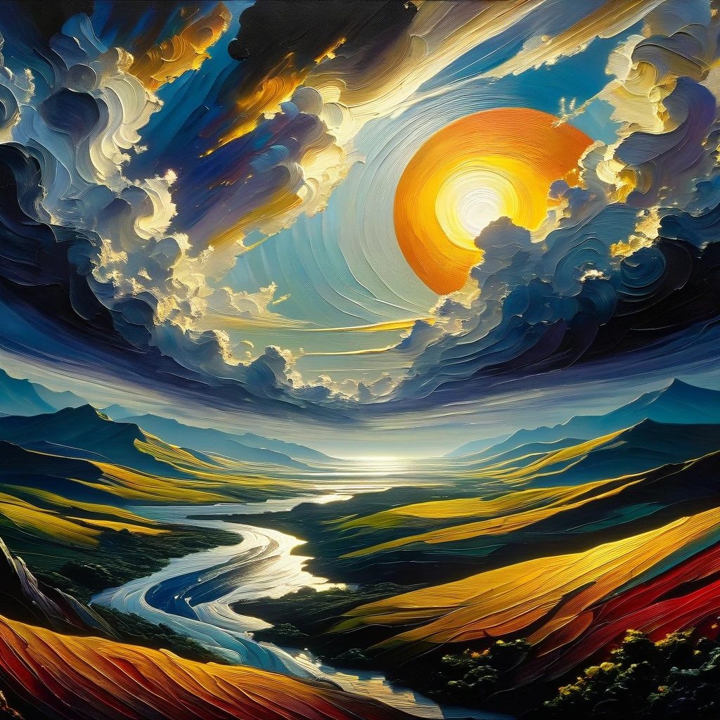 a detailed oil painting of the sun against the moon, surreal and dreamlike landscape, (best quality,4k,8k,highres,masterpiece:1.2),ultra-detailed,(realistic,photorealistic,photo-realistic:1.37),dramatic lighting,dramatic contrast,vibrant colors,dramatic sky,moody atmosphere,fantasy elements,inspired by Bill Sienkiewicz,dramatic clouds,dramatic lighting,dramatic shadows,dynamic composition,dramatic silhouettes,intricate details,impasto brushstrokes,textured canvas,atmospheric perspective,dramatic colors