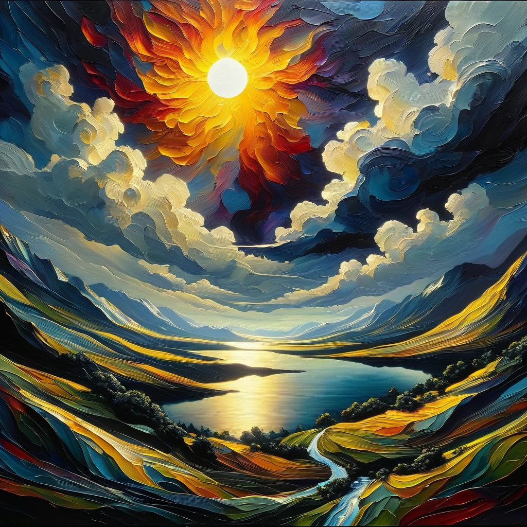 a detailed oil painting of the sun against the moon, surreal and dreamlike landscape, (best quality,4k,8k,highres,masterpiece:1.2),ultra-detailed,(realistic,photorealistic,photo-realistic:1.37),dramatic lighting,dramatic contrast,vibrant colors,dramatic sky,moody atmosphere,fantasy elements,inspired by Bill Sienkiewicz,dramatic clouds,dramatic lighting,dramatic shadows,dynamic composition,dramatic silhouettes,intricate details,impasto brushstrokes,textured canvas,atmospheric perspective,dramatic colors