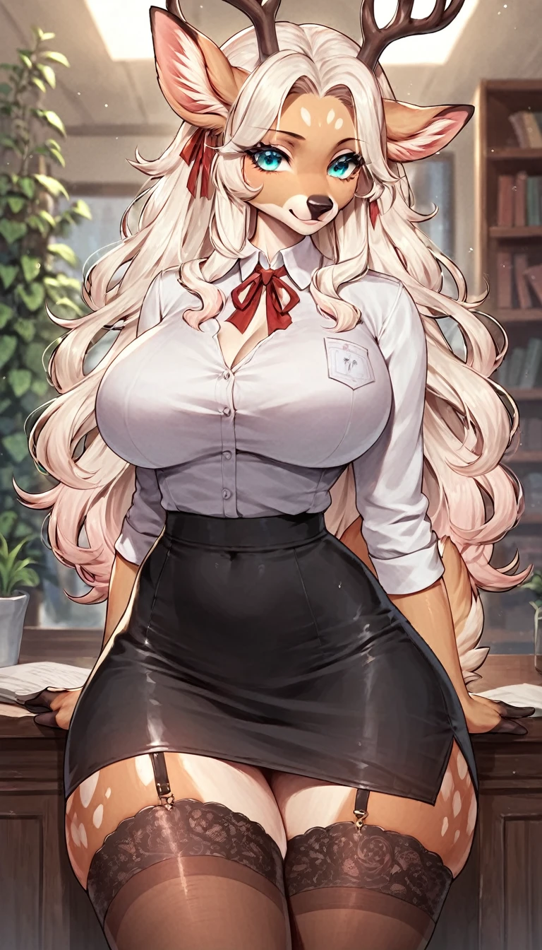 score_9, score_8_up, score_7_up, score_6_up, score_5_up, score_4_up, (solo), female anthro deer, secretary clothes, tight skirt, lusty, fluffy body, long blond hair, turquoise eyes, (thick thighs:1.5) garter belt tights, big breasts, from the back, backsite, from back