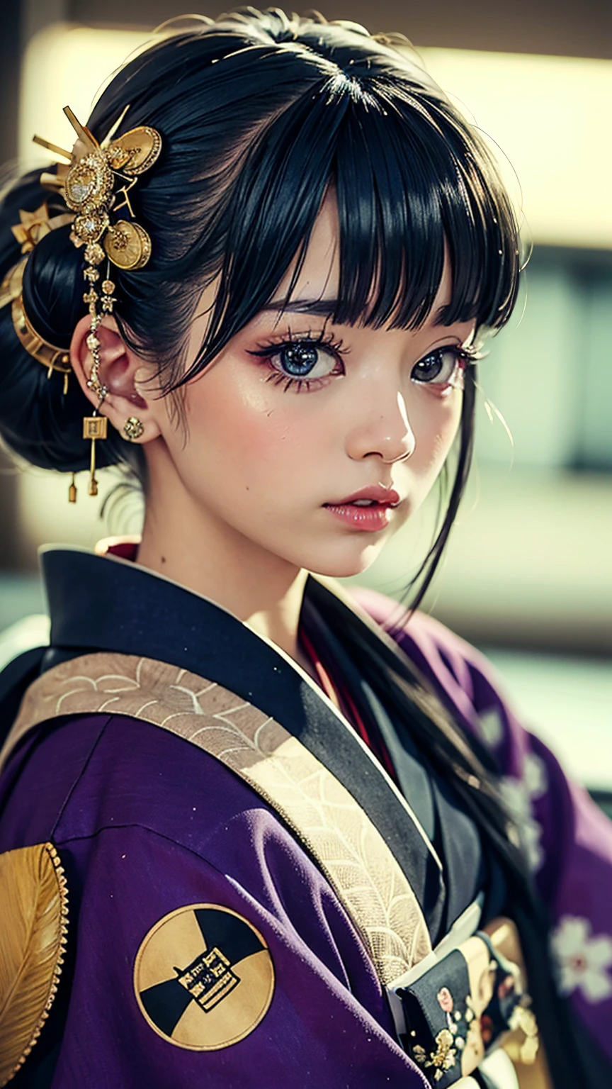 masterpiece, Highest quality, A solemn Japanese-style room with tatami mats, A large photograph of a woman from head to waist, (Close up on face:1.5), (Punk rock kimono, black地に赤+gold:1.3), Squatting and spreading legs, Open your mouth, Glare, (black+Purple hair color, Mid-length hair, Twin tails), (blackい瞳, Sparkling eyes), (Long eyelashes, Eyelash extensions)
