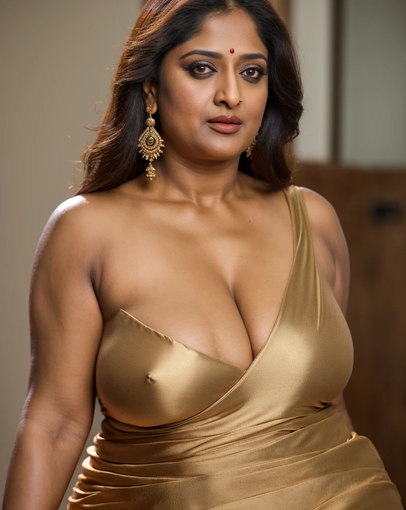 50yo MILF Aka Sh,((best quality)), ((masterpiece)), ((realistic)), eye kajal, mascara, red lips, sensual Beauty, provoking body, extreme sweat, sweat soaked skin, slight stretch marks, alluring figure, bulging figure, thick charming lady, curvy, thick navel, full figured woman, eye kajal, massive breast, full btyled hair, pierced eyes, female face,royal aura, trend on artstation , sharp focus, studio photo, intricate detail, very detailed, detailed eye, illustration, very detailed, sharp focus, digital render, professional, 4k