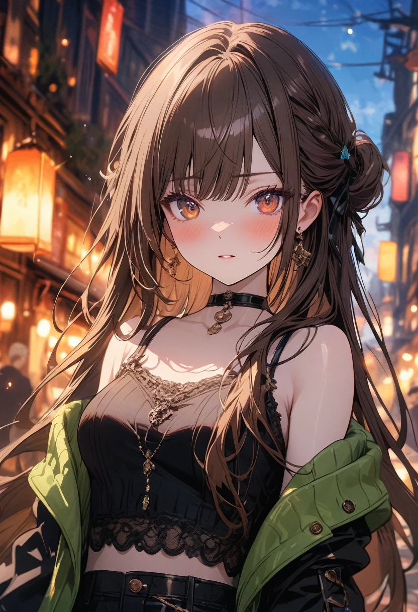 (masterpiece), best quality, very aesthetic, newest, absurdres, detailed, high quality
BREAK
highest quality, top quality, details, highres, ultra fine painting, digital art, official art, cinematic, 4k, 8k resolution, 8K CG wallpaper, CG, original artwork, detailed background, colorful background, blue atmosphere, High Dynamic Range, blurry background, blue hour, Starburst effects, crepuscular rays, good ISO, high resolution, wide shot, from far away, RAW photo, POV, sharp focus, light reflection, reflections, intricate details, soft light, particle noise, professional photography, bokeh, depth of field, natural lighting, vibrant colors, looking away, detailed lights and shadows, stylish, ultra-detailed, top rated on Pixiv, trending on Artstation, niji style, modern-days, master crafted, pose
BREAK
solo, (close up), 1girl, pale skin, correct fingers, detailed hand, (medium breasts:1.2), big thighs, small torso, short body, flushtered, blush, anxious expression, embarassed, embarassed act, casual, slim, ((cute, childlike face):1.3), nice body, nice hips, brown hair, (very long flowing hair, 2 buns hairstyle), long bangs, long hair, middle hair bangs, brown eyes
BREAK
((black strap tank top), off shoulder green hoodie, choker, casualwear, modest)
BREAK
City background