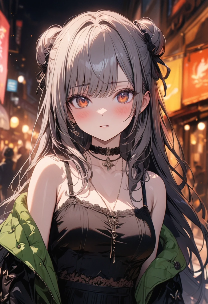 (masterpiece), best quality, very aesthetic, newest, absurdres, detailed, high quality
BREAK
highest quality, top quality, details, highres, ultra fine painting, digital art, official art, cinematic, 4k, 8k resolution, 8K CG wallpaper, CG, original artwork, detailed background, colorful background, blue atmosphere, High Dynamic Range, blurry background, blue hour, Starburst effects, crepuscular rays, good ISO, high resolution, wide shot, from far away, RAW photo, POV, sharp focus, light reflection, reflections, intricate details, soft light, particle noise, professional photography, bokeh, depth of field, natural lighting, vibrant colors, looking away, detailed lights and shadows, stylish, ultra-detailed, top rated on Pixiv, trending on Artstation, niji style, modern-days, master crafted, pose
BREAK
solo, (close up), 1girl, pale skin, correct fingers, detailed hand, (medium breasts:1.2), big thighs, small torso, short body, flushtered, blush, anxious expression, embarassed, embarassed act, casual, slim, ((cute, childlike face):1.3), nice body, nice hips, brown hair, (very long flowing hair, 2 buns hairstyle), long bangs, long hair, middle hair bangs, brown eyes
BREAK
((black strap tank top), off shoulder green hoodie, choker, casualwear, modest) 
BREAK
City background
