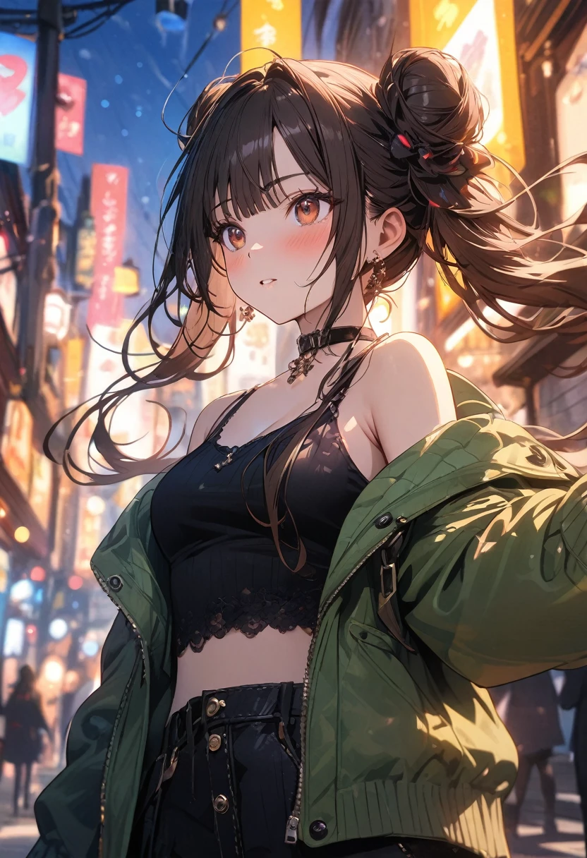 (masterpiece), best quality, very aesthetic, newest, absurdres, detailed, high quality
BREAK
highest quality, top quality, details, highres, ultra fine painting, digital art, official art, cinematic, 4k, 8k resolution, 8K CG wallpaper, CG, original artwork, detailed background, colorful background, blue atmosphere, High Dynamic Range, blurry background, blue hour, Starburst effects, crepuscular rays, good ISO, high resolution, wide shot, from far away, RAW photo, POV, sharp focus, light reflection, reflections, intricate details, soft light, particle noise, professional photography, bokeh, depth of field, natural lighting, vibrant colors, looking away, detailed lights and shadows, stylish, ultra-detailed, top rated on Pixiv, trending on Artstation, niji style, modern-days, master crafted, pose
BREAK
solo, (close up), 1girl, pale skin, correct fingers, detailed hand, (medium breasts:1.2), big thighs, small torso, short body, flushtered, blush, anxious expression, embarassed, embarassed act, casual, slim, ((cute, childlike face):1.3), nice body, nice hips, brown hair, (very long flowing hair, 2 buns hairstyle), long bangs, long hair, middle hair bangs, brown eyes
BREAK
((black strap tank top), off shoulder green hoodie, choker, casualwear, modest)
BREAK
City background