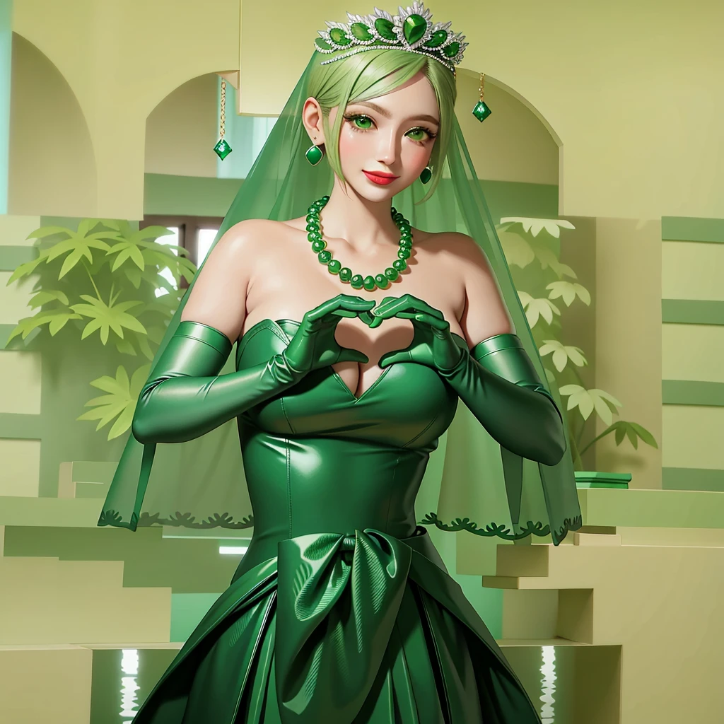 Emerald tiara, Green Pearl Necklace, ボーイッシュな非常に短いGreen Hair, Green Lips, Smiling Japanese woman, Very short hair, Busty beautiful lady, Green Eyes, Green satin long gloves, Green Eyes, Emerald Earrings, Green veil, Heart with both hands, Green Hair, Beautiful Japanese Woman, Heart shaped hands:1.3, green lip gloss