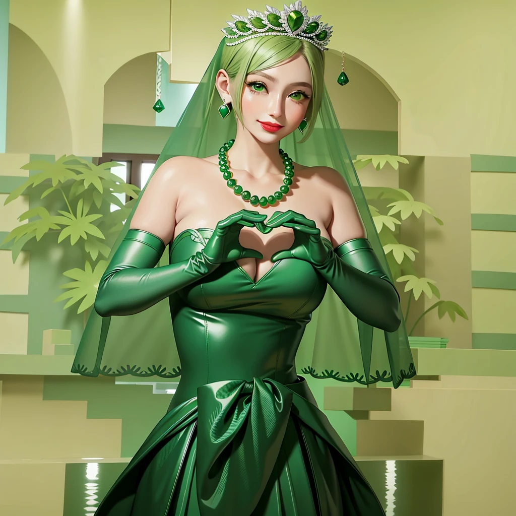 Emerald tiara, Green Pearl Necklace, ボーイッシュな非常に短いGreen Hair, Green Lips, Smiling Japanese woman, Very short hair, Busty beautiful lady, Green Eyes, Green satin long gloves, Green Eyes, Emerald Earrings, Green veil, Heart with both hands, Green Hair, Beautiful Japanese Woman, Heart shaped hands:1.3, green lip gloss