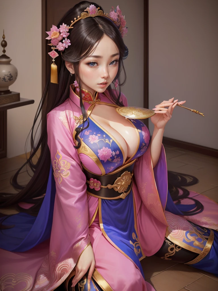 Painting of a woman in a pink and blue dress, Beautiful Fantasy Empress, ancient Chinese Princess, Beautiful character drawings, Chinese Princess, palace, Girl in Han Dress, Princess of an ancient Asian dynasty, Ancient Chinese Beauties, Inspired by Run In, Beautiful and attractive anime woman, Beautiful Fantasy Empress, Beautiful renderings of the Tang Dynasty, Beautiful oriental woman, Empress of China, Highly detailed CG unit 8k wallpaper, masterpiece, High resolution, highest quality, highest quality real texture skin, Super Real, Digital Painting, Best image quality, 最High resolution, 8k, ((Highly detailed eyes and face, Beautiful eyes every detail)), (wariza, seiza, from front, girl sitting, sit on the floor), huge breasts, gigantic breasts, disproportionate breasts, huge breasts, gigantic breasts, open your mouth, 