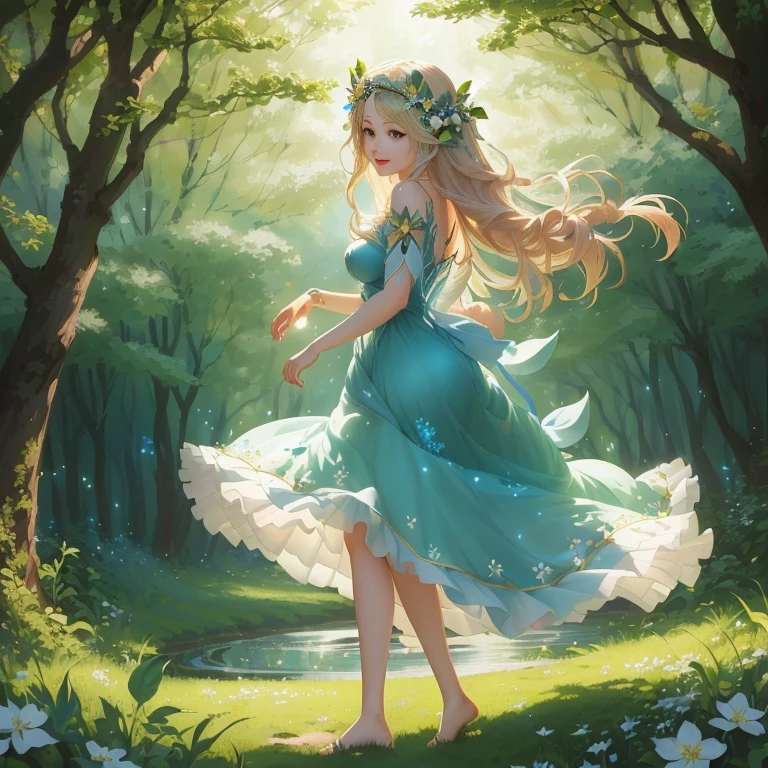 anime girl in a blue dress walking through a forest, fey queen of the summer forest, beautiful maiden, anime lush john 8k woods, smiling as a queen of fairies, goddess of the forest, goddess of nature, goddess of spring, in dress, flowing dress, beautiful anime artwork, cute anime waifu in a nice dress, trending on artstation pixiv