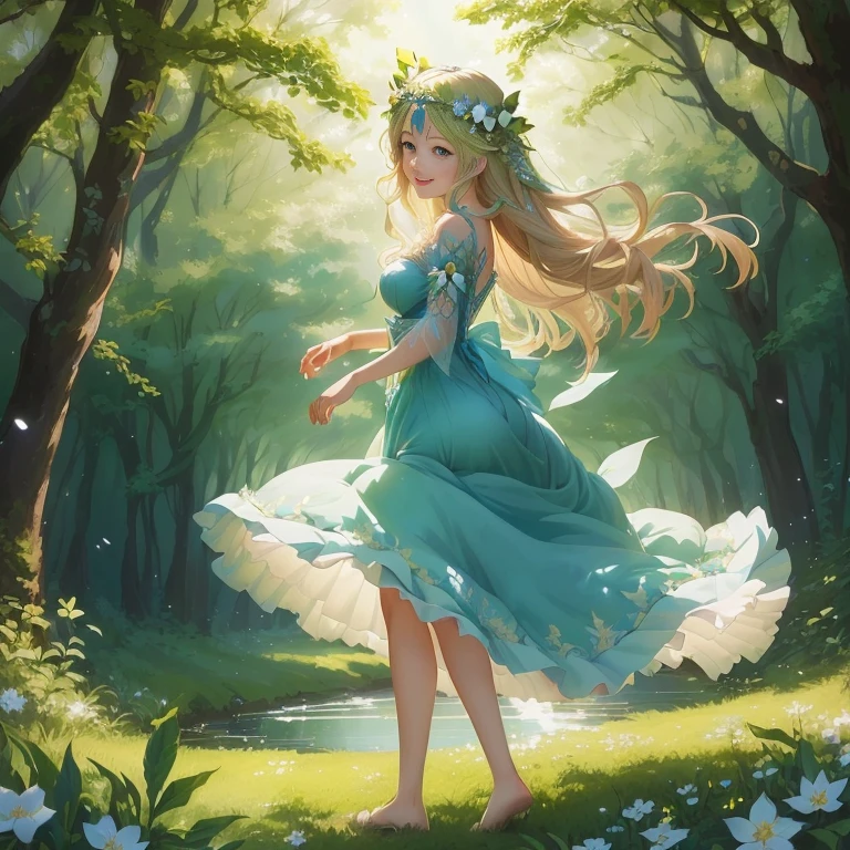 anime girl in a blue dress walking through a forest, fey queen of the summer forest, beautiful maiden, anime lush john 8k woods, smiling as a queen of fairies, goddess of the forest, goddess of nature, goddess of spring, in dress, flowing dress, beautiful anime artwork, cute anime waifu in a nice dress, trending on artstation pixiv