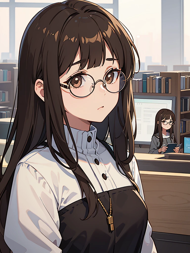 1 girl, medium construction, ((round glasses)), long brown hair, blunt bangs, Brown eyes, ((neutral)), (tempting expression), Expressionless, modern, selfie, (((contemporary))), library background