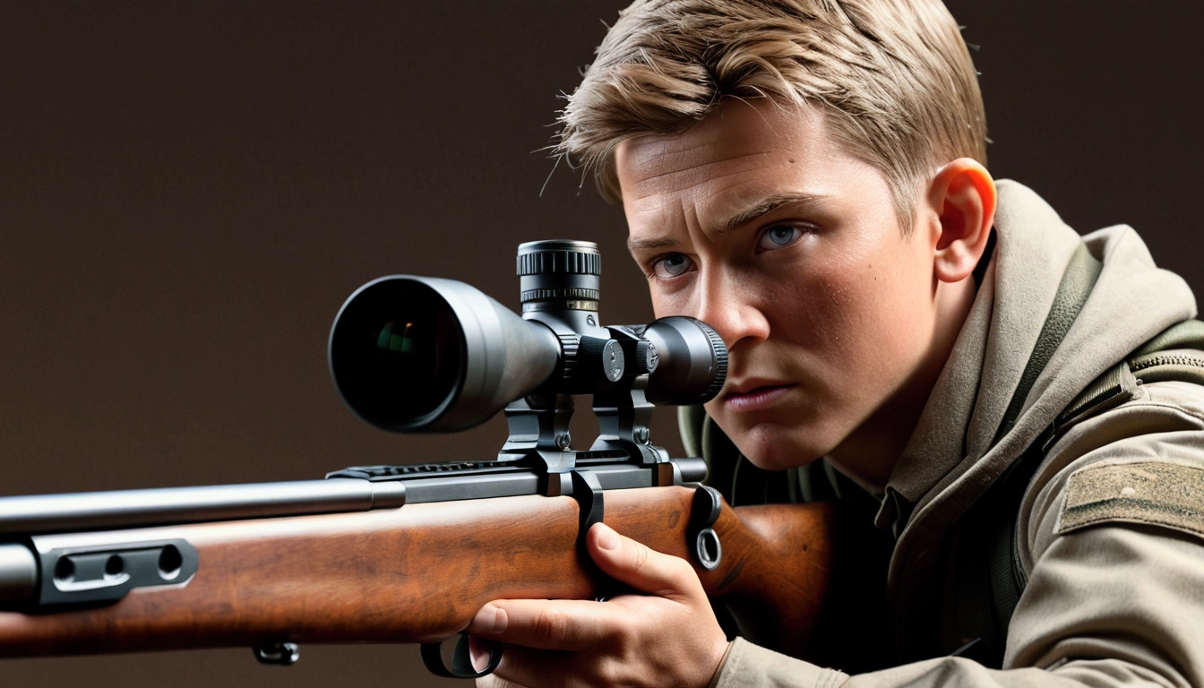 1boy, middle aged Sniper, he holds sniper rifle, prone, from side, looking at viewer, cinematic angle, realistic, hyper-realistic, photorealistic, (best quality,4k,8k,highres,masterpiece:1.2),ultra-detailed,(realistic,photorealistic,photo-realistic:1.37),studio lighting,vivid colors,dramatic lighting,