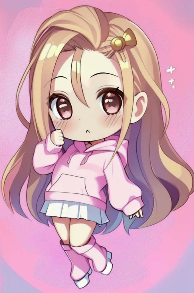 (((chibi:1.2))), 1girl,solo, high quality, blonde long hair, closed mouth, looking at the viewer, ((showing forehead hairstyle)),(((she wears a pink hoodie and white skirt))), (((brown boots))), white background, very cute, cute expression, pastel pin
