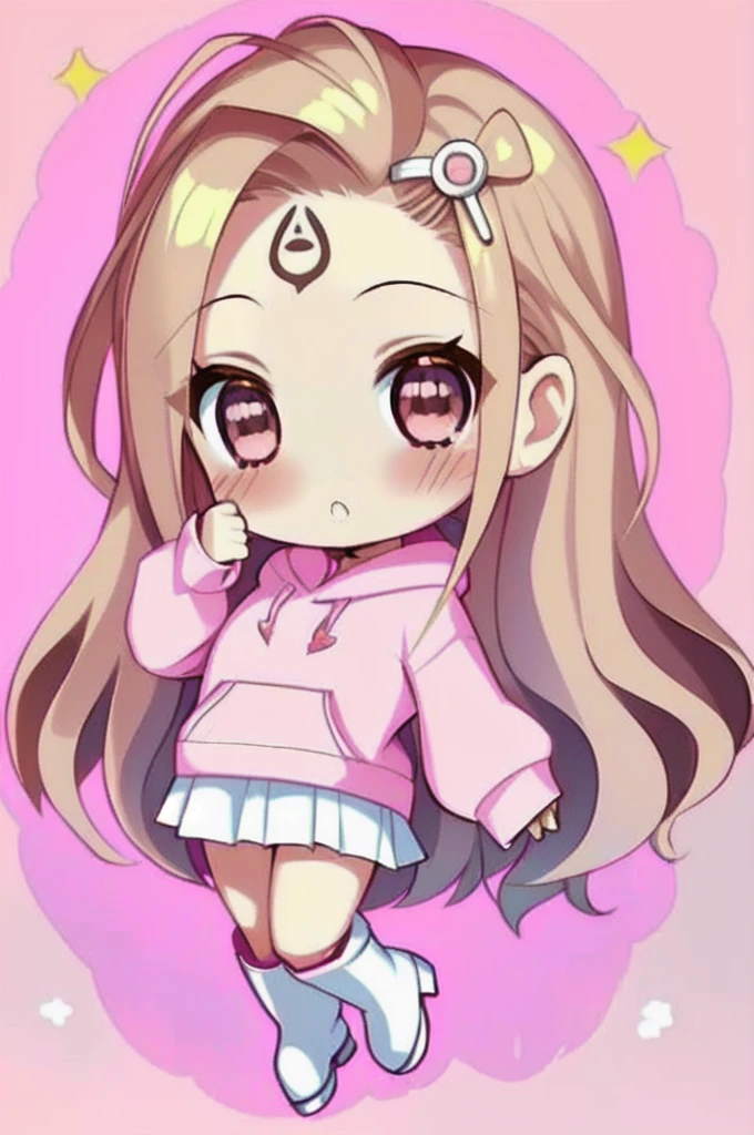 (((chibi:1.2))), 1girl,solo, high quality, blonde long hair, closed mouth, looking at the viewer, ((showing forehead hairstyle)),(((she wears a pink hoodie and white skirt))), (((brown boots))), white background, very cute, cute expression, pastel pin