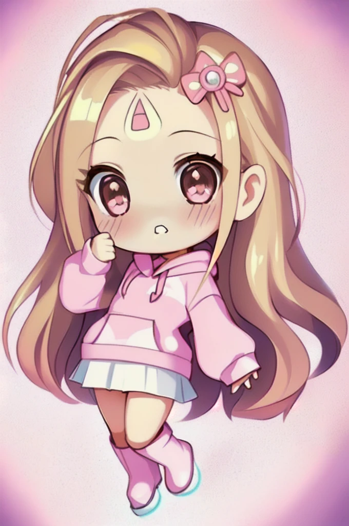 (((chibi:1.2))), girl, high quality, blonde long hair, closed mouth, looking at the viewer, ((showing forehead hairstyle)),(((she wears a pink hoodie and white skirt))), (((brown boots))), white background, very cute, 
