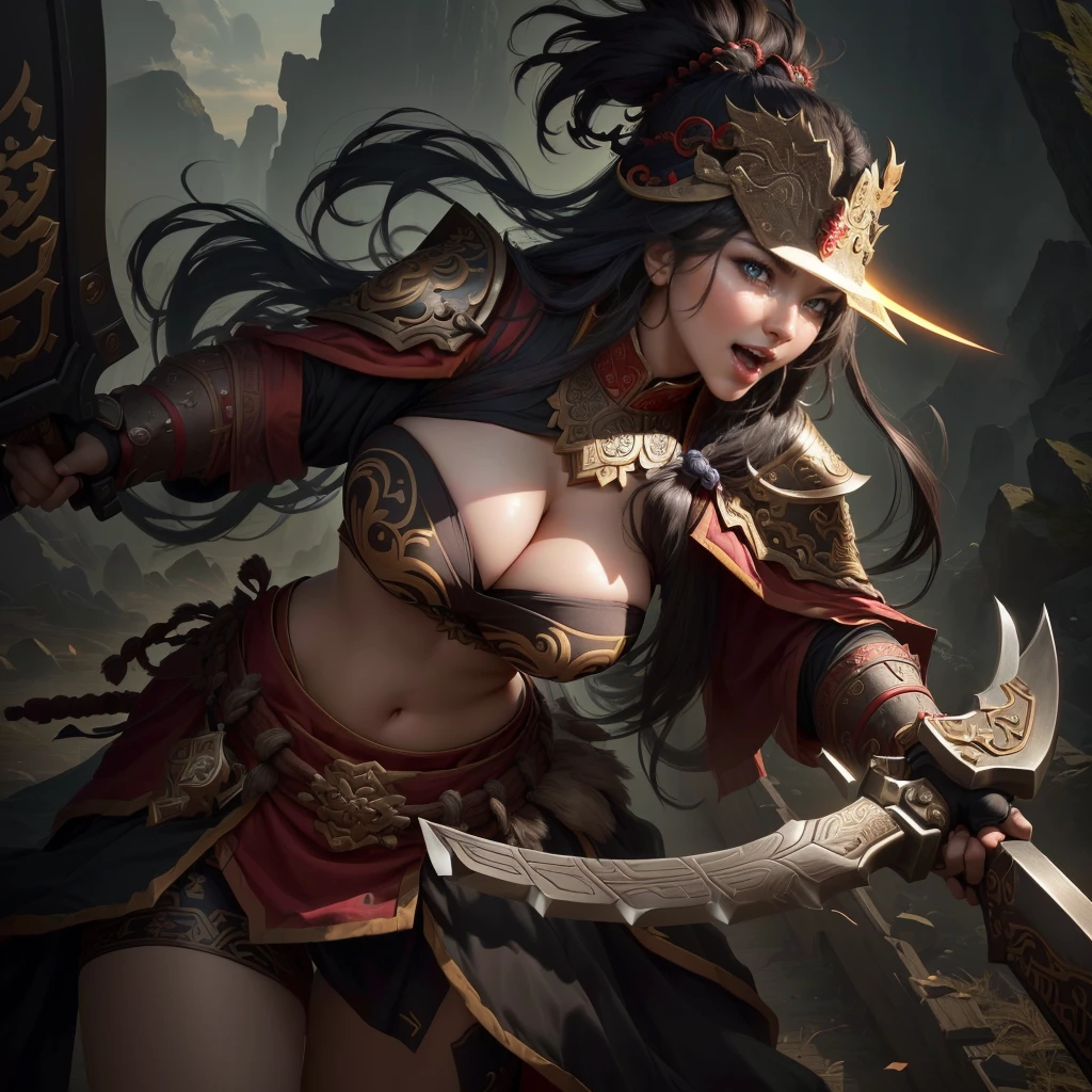 a woman with a large axe and a feathered head, inspired by Hu Zaobin, berserker potrait, guan yu, bian lian, sun wukong, mongol, inspired by Huang Shen, inspired by Li Gonglin, tai warlord, inspired by Wu Bin, wukong, inspired by Li Kan, naranbaatar ganbold, Highly detailed CG unit 8k wallpaper, masterpiece, High resolution, highest quality, highest quality real texture skin, Super Real, Digital Painting, Best image quality, 最High resolution, 8k, ((Highly detailed eyes and face, Beautiful eyes every detail)), 1girl, Full Body Shot, Saggy breasts, Gravity-dependent breasts, long chest, Heavy chest, disproportionate breasts, huge breasts, sagging breasts, gigantic breasts, erect nipple, Cleavage cut out, Look away, Gazing into the distance, ((open your mouth wide, stick out tongue, ahegao)), (evil smile, madness),