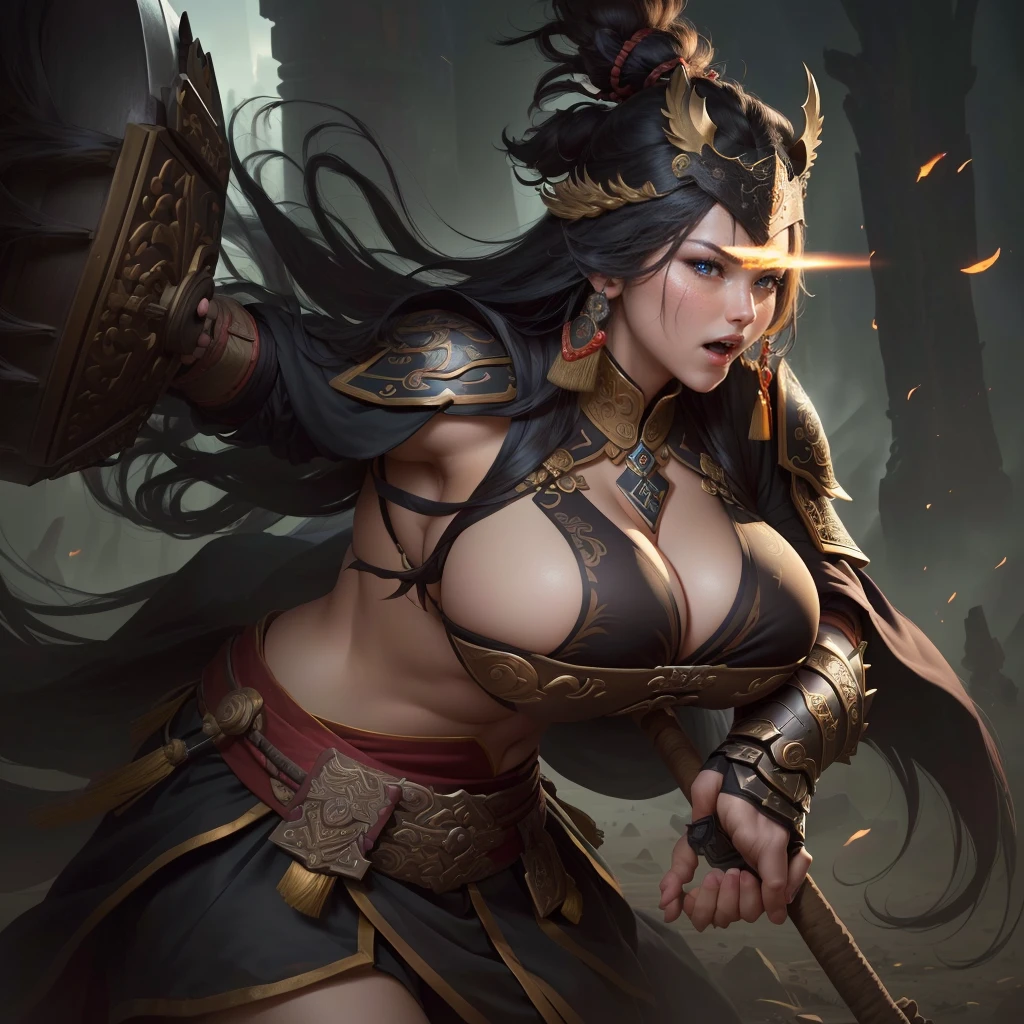 a woman with a large axe and a feathered head, inspired by Hu Zaobin, berserker potrait, guan yu, bian lian, sun wukong, mongol, inspired by Huang Shen, inspired by Li Gonglin, tai warlord, inspired by Wu Bin, wukong, inspired by Li Kan, naranbaatar ganbold, Highly detailed CG unit 8k wallpaper, masterpiece, High resolution, highest quality, highest quality real texture skin, Super Real, Digital Painting, Best image quality, 最High resolution, 8k, ((Highly detailed eyes and face, Beautiful eyes every detail)), 1girl, Full Body Shot, Saggy breasts, Gravity-dependent breasts, long chest, Heavy chest, disproportionate breasts, huge breasts, sagging breasts, gigantic breasts, erect nipple, Cleavage cut out, Look away, Gazing into the distance, ((open your mouth wide, stick out tongue, ahegao)), (evil smile, madness),
