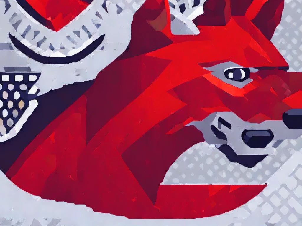 (((Red wolf))), (side profile view), stylized, anime, simple design, gaps between details, ((huge geometric shapes)), ((((clip art)))), (howling wolf), (fenrir), ((((NERV Logo)))), (((tribal tattoo style))), vector illustration