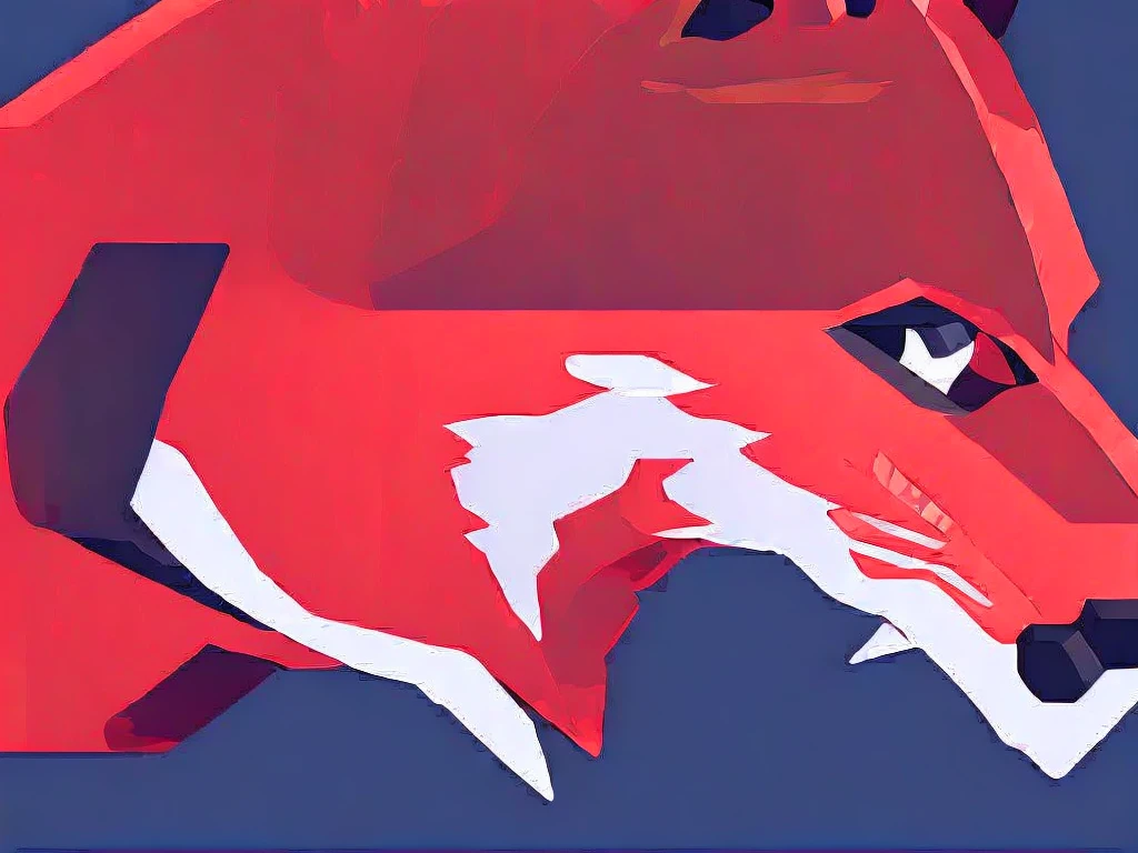 (((Red wolf))), (side profile view), stylized, anime, simple design, gaps between details, ((huge geometric shapes)), ((((clip art)))), (howling wolf), (fenrir), ((((NERV Logo)))), (((tribal tattoo style))), vector illustration