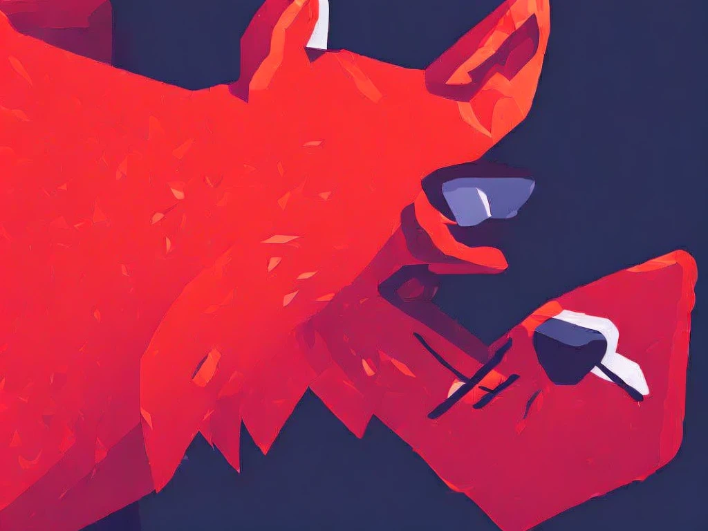 (((Red wolf))), (side profile view), stylized, anime, simple design, gaps between details, ((huge geometric shapes)), ((((clip art)))), (howling wolf), (fenrir), ((((NERV Logo)))), (((tribal tattoo style))), vector illustration