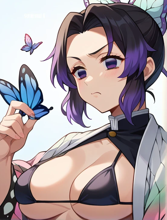 cute girl Her black hair ends with a butterfly bow in the ponytail and she wears a haori. (Kimono robe) purple and white butterfly pattern Naked and fucked