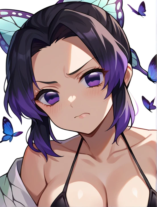 score_9, score_8_up, score_7_up, source_アニメ,
ShinobuKochou, Shinobu Kochou, animal print, black hair, butterfly, butterfly hair ornament, butterfly print, forehead, gradient hair, hair ornament, haori, multicolored hair, parted bangs, purple hair, short hair, two-tone hair,Micro Bikini, Big Breasts, angry face, Close your mouth, Breasts focus, Fold your hands in front of your body