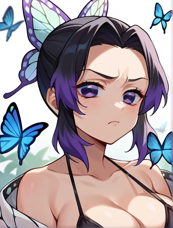 score_9, score_8_up, score_7_up, source_アニメ,
ShinobuKochou, Shinobu Kochou, animal print, black hair, butterfly, butterfly hair ornament, butterfly print, forehead, gradient hair, hair ornament, haori, multicolored hair, parted bangs, purple hair, short hair, two-tone hair,Micro Bikini, Big Breasts, angry face, Close your mouth, Breasts focus, Fold your hands in front of your body