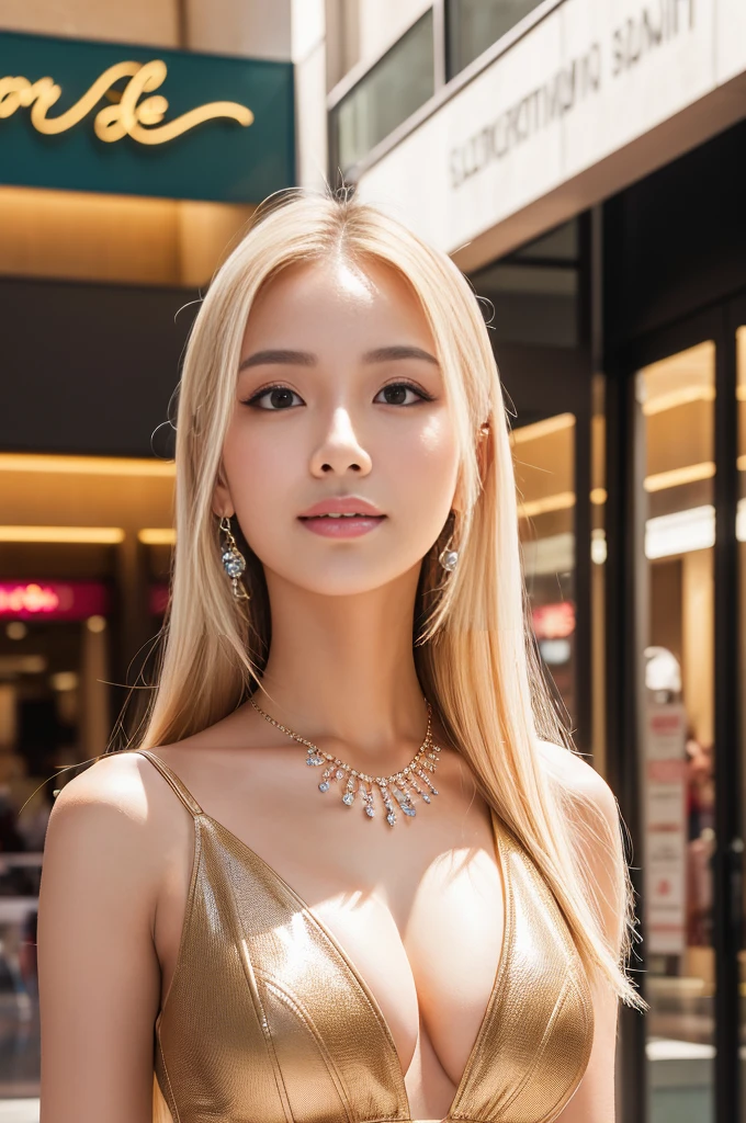 (masterpiece:1.4), (best quality:1.4), ultra high res, ultra high resolution, ((detailed facial features)), HDR, (realistic, photorealistic, photo-realistic:1.37), closeup, sexy seductive Thai woman, (seductive smile), long lashes, beautiful makeup, platinum blonde hair, fair skin, slender figure, elegant posture, wearing large sparkling colorful jewelery, wearing a business style leather dress, standing in a large shopping mall, gentle sunlight shining through the shopping mall windows, casting a soft glow on her face, adding warmth to the scene, vibrant colors, capturing the essence of vibrant city life, portrait style, showcasing her natural beauty and grace in a feminine way