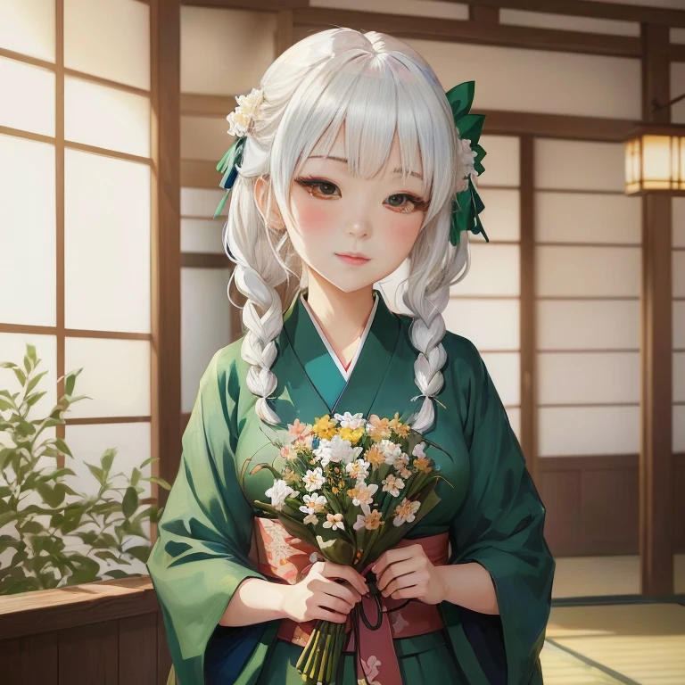 anime girl in kimono outfit holding a bouquet of flowers, kawaii realistic portrait, shikamimi, white haired deity, painted in anime painter studio, artwork in the style of guweiz, beautiful anime portrait, made with anime painter studio, anime style portrait, inspired by Ma Yuanyu, cute anime waifu in a nice dress, anime portrait, cute anime girl portrait