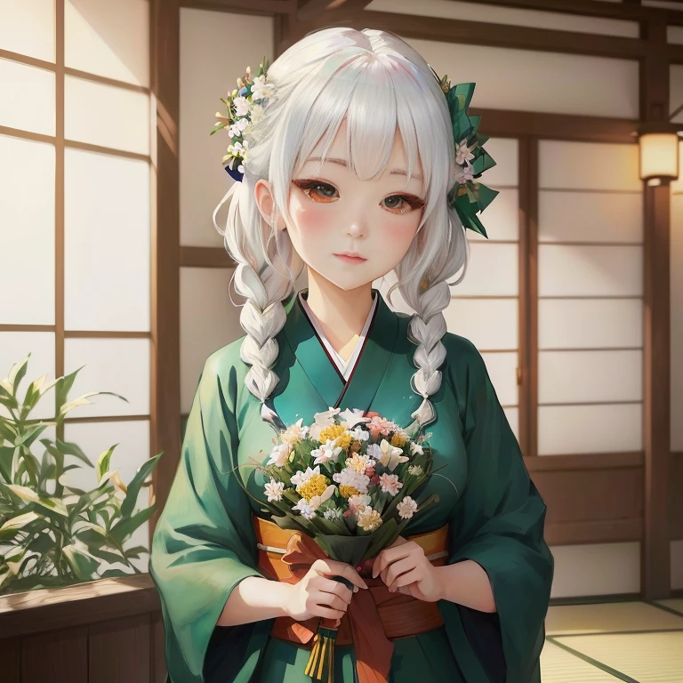 anime girl in kimono outfit holding a bouquet of flowers, kawaii realistic portrait, shikamimi, white haired deity, painted in anime painter studio, artwork in the style of guweiz, beautiful anime portrait, made with anime painter studio, anime style portrait, inspired by Ma Yuanyu, cute anime waifu in a nice dress, anime portrait, cute anime girl portrait