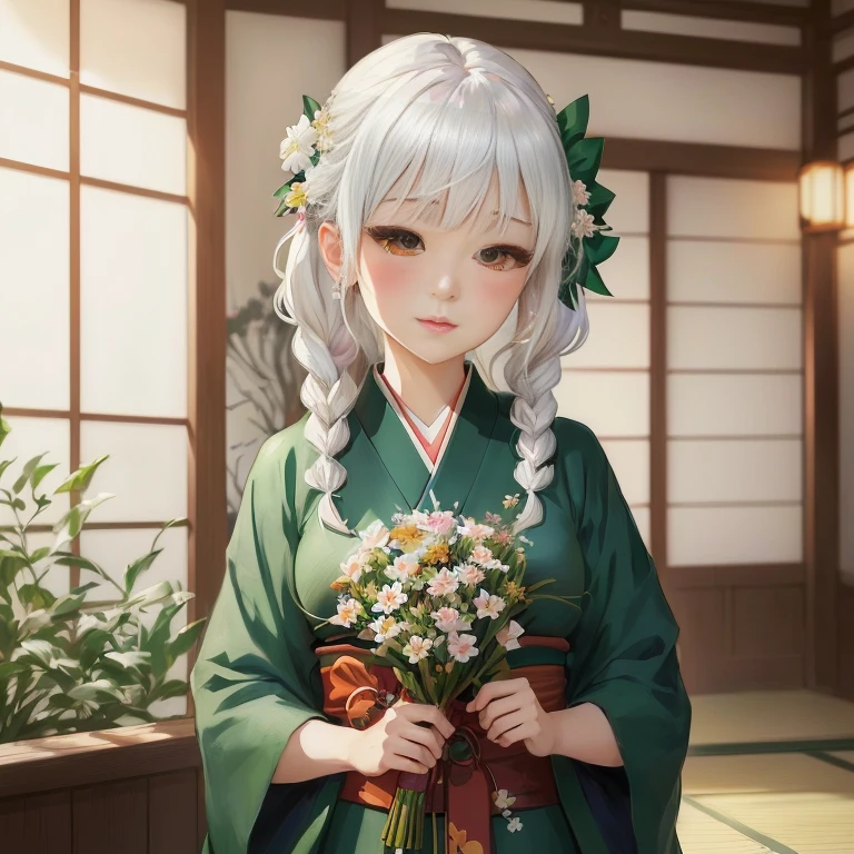 anime girl in kimono outfit holding a bouquet of flowers, kawaii realistic portrait, shikamimi, white haired deity, painted in anime painter studio, artwork in the style of guweiz, beautiful anime portrait, made with anime painter studio, anime style portrait, inspired by Ma Yuanyu, cute anime waifu in a nice dress, anime portrait, cute anime girl portrait