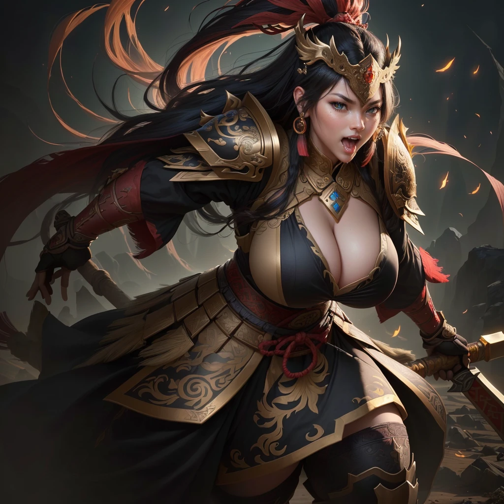 a woman with a large axe and a feathered head, inspired by Hu Zaobin, berserker potrait, guan yu, bian lian, sun wukong, mongol, inspired by Huang Shen, inspired by Li Gonglin, tai warlord, inspired by Wu Bin, wukong, inspired by Li Kan, naranbaatar ganbold, Highly detailed CG unit 8k wallpaper, masterpiece, High resolution, highest quality, highest quality real texture skin, Super Real, Digital Painting, Best image quality, 最High resolution, 8k, ((Highly detailed eyes and face, Beautiful eyes every detail)), 1girl, Full Body Shot, Saggy breasts, Gravity-dependent breasts, long chest, Heavy chest, disproportionate breasts, huge breasts, sagging breasts, gigantic breasts, erect nipple, Cleavage cut out, Look away, Gazing into the distance, ((open your mouth wide, stick out tongue, ahegao)), (evil smile, madness),