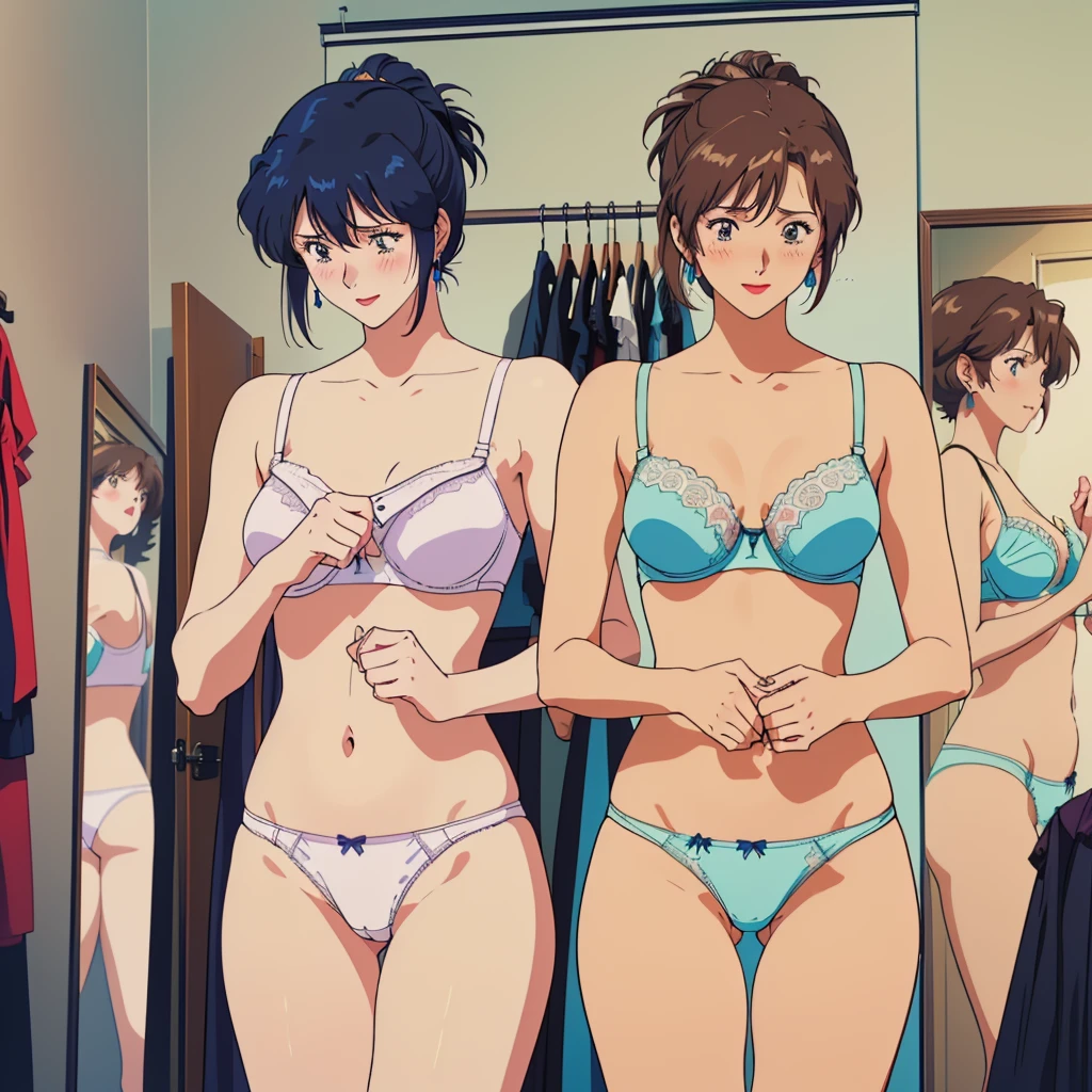 masterpiece, top quality, ultra detailed, (((((NOGAMI_SAEKO, bob cut),(SUMERAGI_AIKA, folded ponytail), best anatomy, in underwear, (panties, elaborately designed luxury panties for adults, panties high definition images, draw panties with super precision), lace trimmed bra, extremely detailed texture, earrings, red lip, embarrassed, blush, smile)))), cowboy shot, (((underwear in dressing room))), white skin, (presenting panties), (display panties:1.5),holding panties with both hands