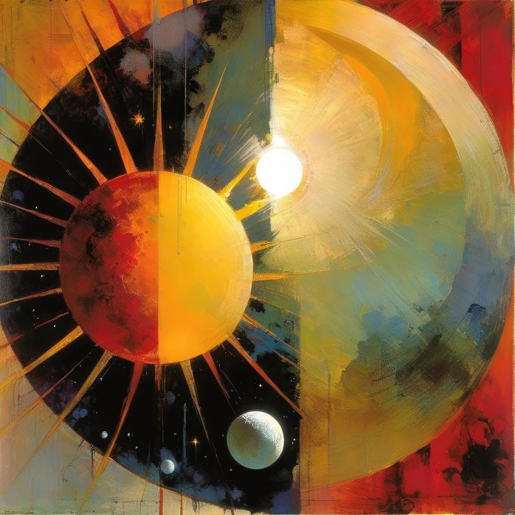 the sun against the moon, (art inspired by Bill Sienkiewicz). oil painting)