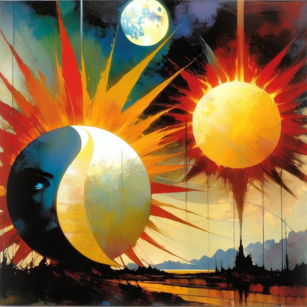 the sun against the moon, (art inspired by Bill Sienkiewicz). oil painting)