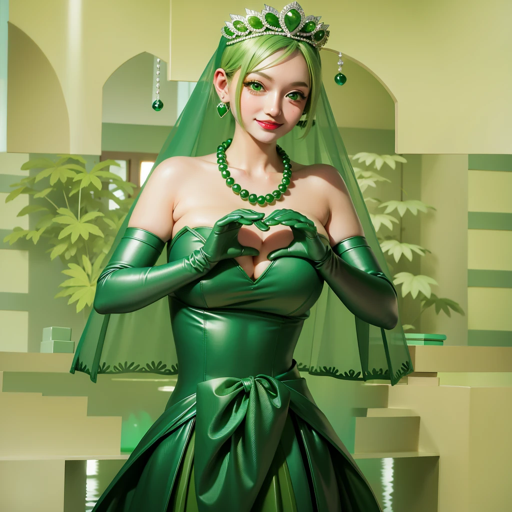 Emerald tiara, Green Pearl Necklace, ボーイッシュな非常に短いGreen Hair, Green Lips, Smiling Japanese woman, Very short hair, Busty beautiful lady, Green Eyes, Green satin long gloves, Green Eyes, Emerald Earrings, Green veil, Heart with both hands, Green Hair, Beautiful Japanese Woman, Heart shaped hands:1.3, green lip gloss