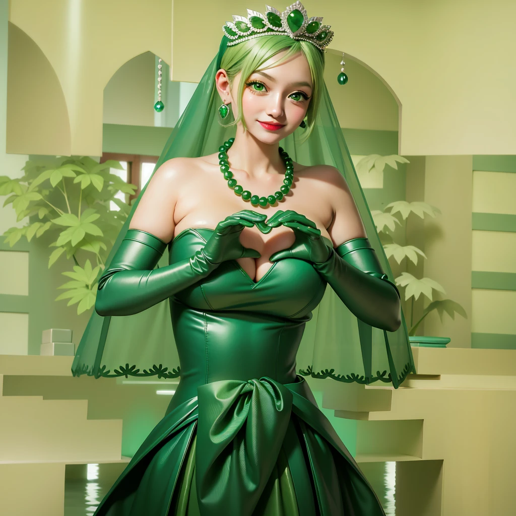 Emerald tiara, Green Pearl Necklace, ボーイッシュな非常に短いGreen Hair, Green Lips, Smiling Japanese woman, Very short hair, Busty beautiful lady, Green Eyes, Green satin long gloves, Green Eyes, Emerald Earrings, Green veil, Heart with both hands, Green Hair, Beautiful Japanese Woman, Heart shaped hands:1.3, green lip gloss