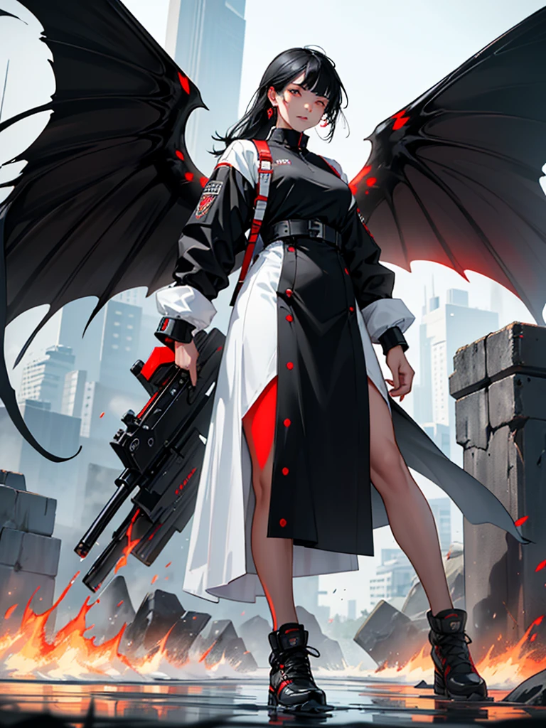 One with black butterfly wings white and black hair grid eyes better red mouth red nose beautiful clothes black top cause white and black behind her there is fire and water she has firepower she is standing her shoes are black and white she has grid earrings She has black and white fringe behind her there is water rising and fire