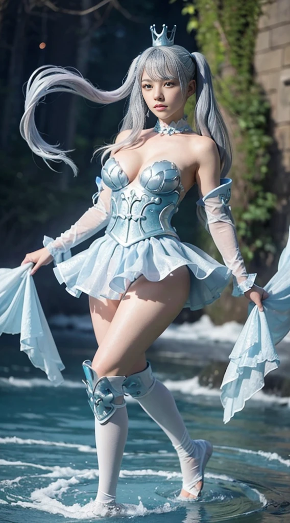 Highest quality、Highest quality、16k quality、Highly detailed figure、Highly detailed face、Highly detailed eyes、Highly detailed nose、Highly detailed facial expressions、Highly detailed costume、Highly detailed hourglass shape、Highly detailed feet、Highly detailed thighs、Being in reality、-yeld giLight blue hair、Twin tails、Noel Silva、main character、Water Armor、Sleeveless、Shoulder rest、Emphasizes the shape of the chest、A very short skirt made of water、Diagonally upward、Water tights、Her thighs are visible between her skirt and tights、Water crown、on top of nakedness、You can see the shape of the chest、E Cup、、Close to the skin、Tight、Full body photo、Are standing、Emphasizes the beauty of thigh muscles、Full body photo、Front view、