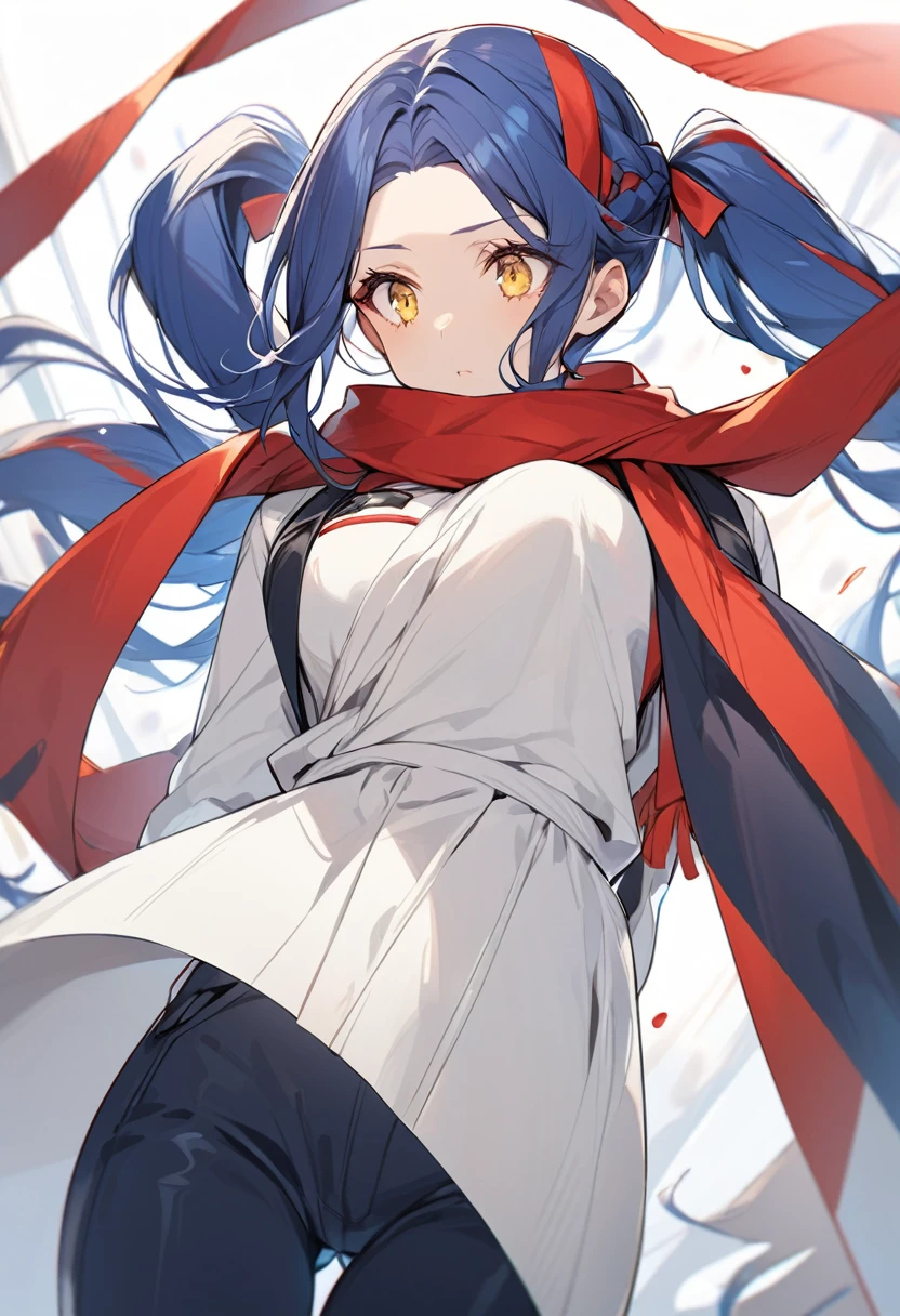 (One very tall woman,Navy Blue Hair,Her hairstyle is twin tails that expose her forehead.,yellow eyes,Medium Bust, Dynamic Angle)White kimono、pants,Wear a long red scarf around your neck
