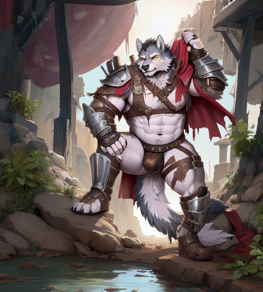 Solo Sexy young anthro furry wolf male mercenary medieval solider, slim slim muscular, anthro handsome gay shorter muzzle, handsome gay model male apperance, sword scars, worn out leather skimpy armament, low on hips heavy leather belt, old very worn out skimpy dirty linen material jockstrap, old yellow dirty worn out stains on white sawn jockstrap, very visible "x" brown seam pattern on the jockstrap, studded skimpy armlets breastplate armor, skimpy breastplate, leather bondages, fingerless leather gloves, smelly unwashed furr, dirty body look, desert battlefield, standing in sexy fighting position, close view of full character