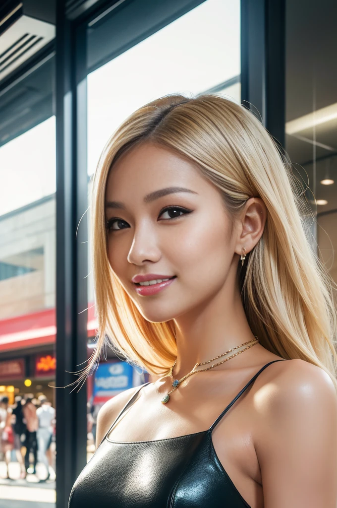 (masterpiece:1.4), (best quality:1.4), ultra high res, ultra high resolution, ((detailed facial features)), HDR, (realistic, photorealistic, photo-realistic:1.37), closeup, sexy seductive Thai woman, (seductive smile), long lashes, beautiful makeup, platinum blonde hair, fair skin, slender figure, elegant posture, wearing large sparkling colorful jewelry, wearing a business style leather dress, standing in a large shopping mall, gentle sunlight shining through the shopping mall windows, casting a soft glow on her face, adding warmth to the scene, vibrant colors, capturing the essence of vibrant city life, portrait style, showcasing her natural beauty and grace in a feminine way