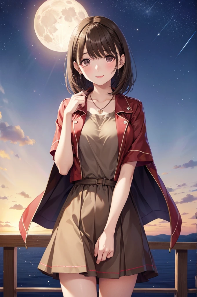 anegasaki nene、Shiny brown hair, short hair, (Beautiful brown eyes)、smile、Sparkling eyes, (Fine grain)、Ultra-detailed eyes、Highly detailed face, Highly detailed eyes,Cowboy Shot、masterpiece, Highest quality, One girl, alone,   necklace, Cropped jacket, Red jacket, Short sleeve, ピンクのリブ編みMini Dress, Mini Dress, night, night sky, moon, moon light
