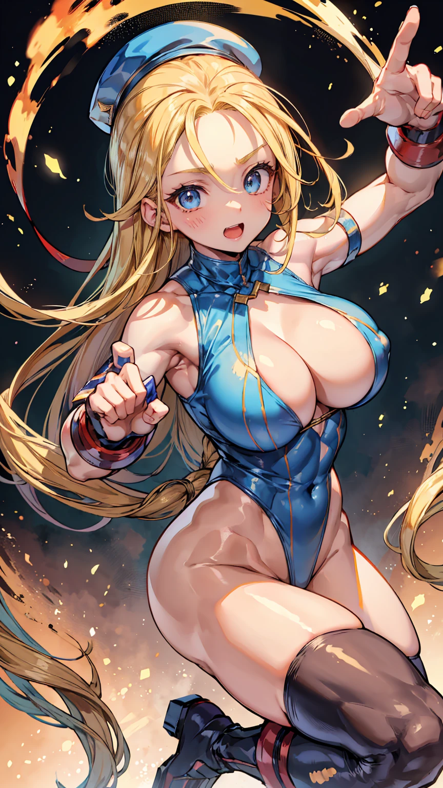 Super detailed、Highest quality、Best image quality、masterpiece、8k、(Cammy)、(shoulder-length blonde hair、Medium Long Hair)、(laugh:1.3、Open Mouth) 、(cheerful)、(tareme)、(tareme)、(big eyes)、(Beautiful shining eyes)、(High Detail Anime Eyes)、(puffy eyes)、(Big Tits:1.5)、((SFW Huge Body))、(High leg leotard、thigh-high socks thighhighs)、(Fighting Pose:1.5)、hat