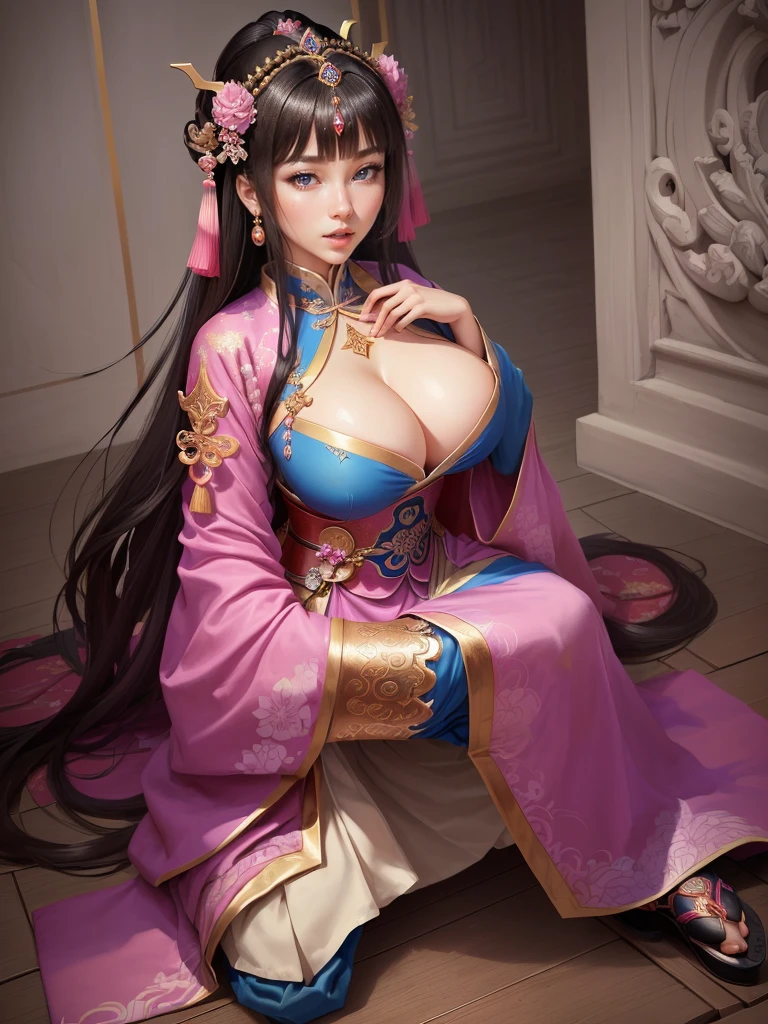 Painting of a woman in a pink and blue dress, Beautiful Fantasy Empress, ancient Chinese Princess, Beautiful character drawings, Chinese Princess, palace, Girl in Han Dress, Princess of an ancient Asian dynasty, Ancient Chinese Beauties, Inspired by Run In, Beautiful and attractive anime woman, Beautiful Fantasy Empress, Beautiful renderings of the Tang Dynasty, Beautiful oriental woman, Empress of China, Highly detailed CG unit 8k wallpaper, masterpiece, High resolution, highest quality, highest quality real texture skin, Super Real, Digital Painting, Best image quality, 最High resolution, 8k, ((Highly detailed eyes and face, Beautiful eyes every detail)), (wariza, seiza, from front, girl sitting, sit on the floor), huge breasts, gigantic breasts, disproportionate breasts, huge breasts, gigantic breasts, open your mouth,