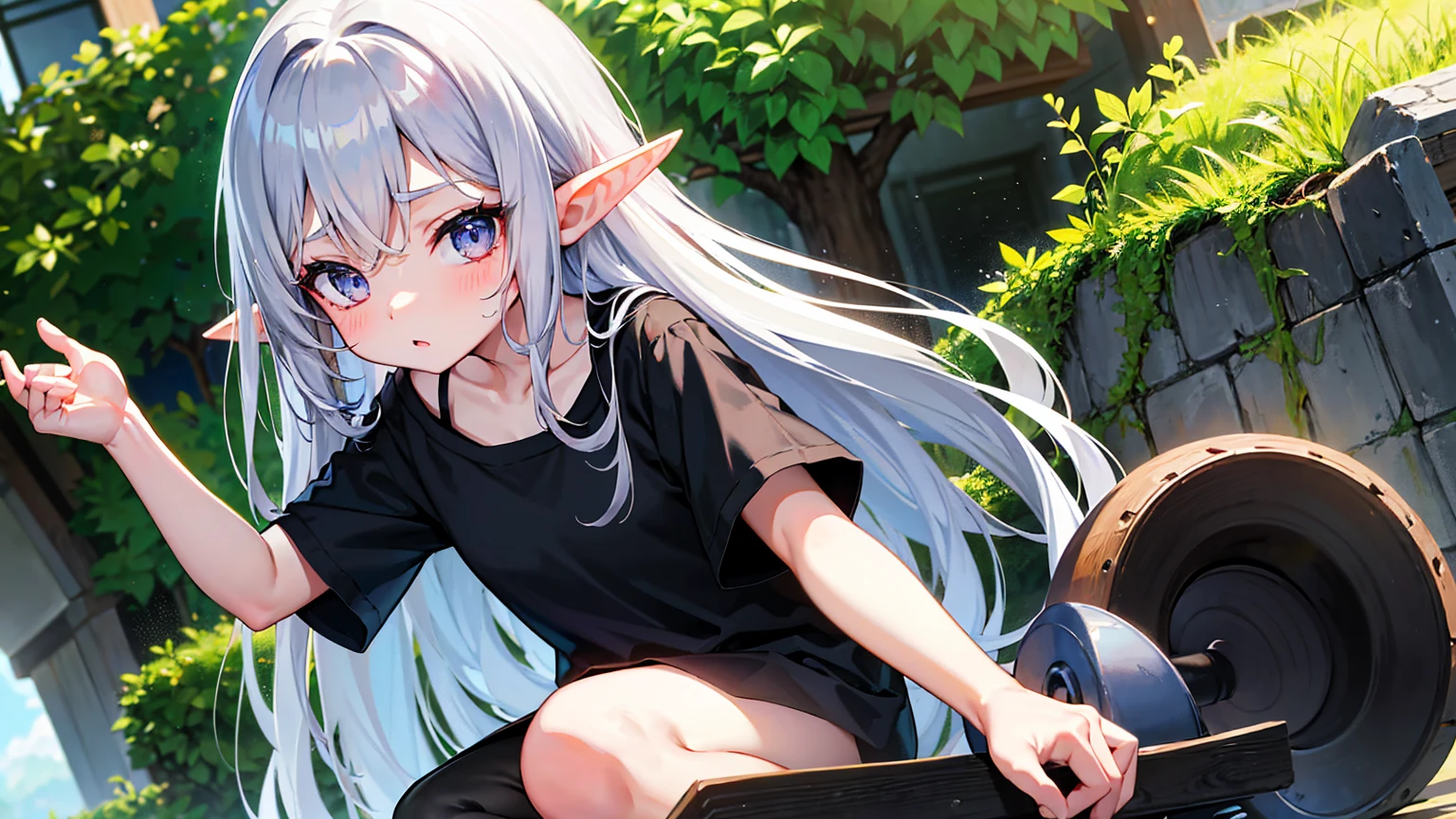 Elf Girl、8-year-old、Medium-long silver hair、Silver Eyes、Just a big black T-shirt、Short sleeves、Other than that, I don't wear anything else、She's not even wearing bottoms、barefoot、Seductive expression、whole body