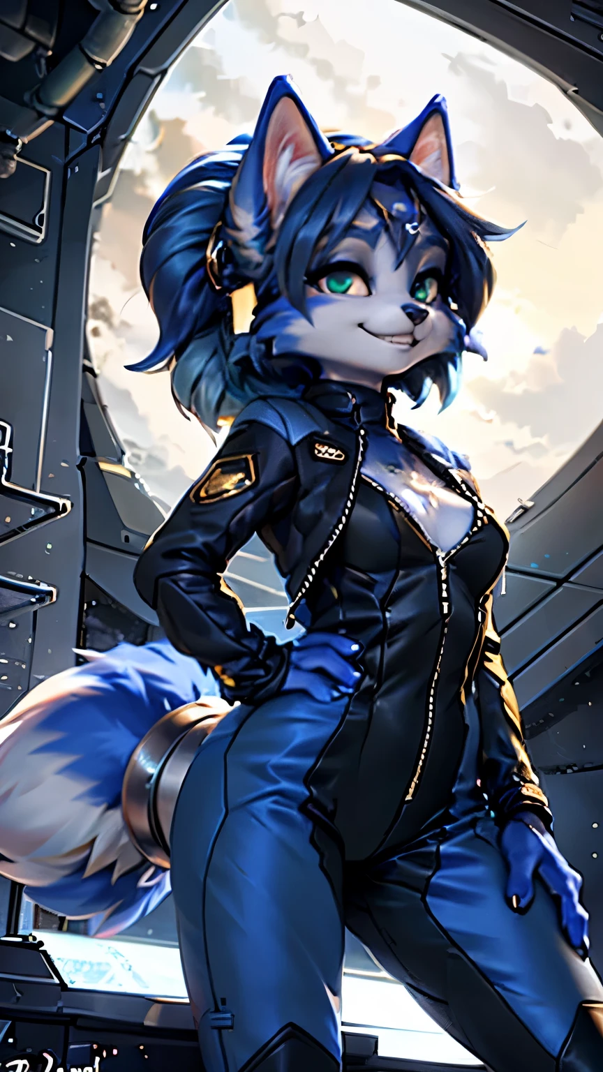 A beautiful and detailed (sweet portrait) wa ((Krystal)), Star Fox Krystal, sslim, lovable, green eyes, medium breasts, (((Long blue hair 1.3))),  ((black hair tips)), Decollete, grin, look up,, anthro, furry, Uploaded E621, detailed fluffy fur, (wa Fluff-Kevlar, Bayard Wu, Personalami, Pino Daeni), detailed face, (fluffy), 1 girl, alone, sweet girl, Spaceship, Blue skintight jumpsuit,
