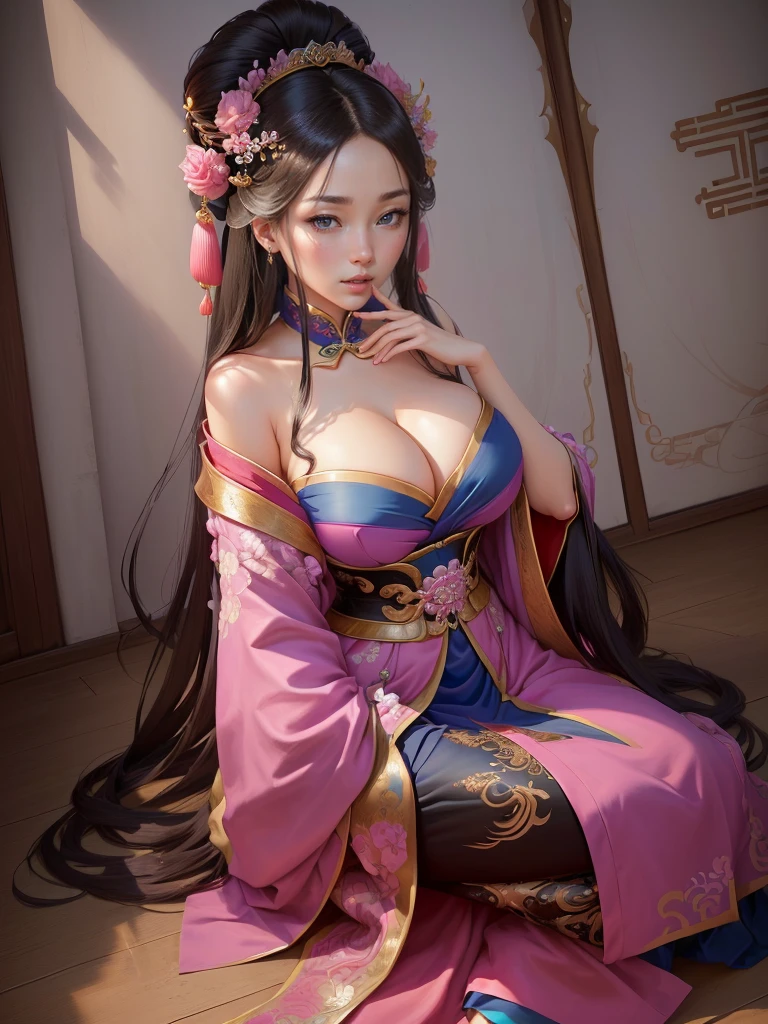 Painting of a woman in a pink and blue dress, Beautiful Fantasy Empress, ancient Chinese Princess, Beautiful character drawings, Chinese Princess, palace, Girl in Han Dress, Princess of an ancient Asian dynasty, Ancient Chinese Beauties, Inspired by Run In, Beautiful and attractive anime woman, Beautiful Fantasy Empress, Beautiful renderings of the Tang Dynasty, Beautiful oriental woman, Empress of China, Highly detailed CG unit 8k wallpaper, masterpiece, High resolution, highest quality, highest quality real texture skin, Super Real, Digital Painting, Best image quality, 最High resolution, 8k, ((Highly detailed eyes and face, Beautiful eyes every detail)), (wariza, seiza, from front, girl sitting, sit on the floor), huge breasts, gigantic breasts, disproportionate breasts, huge breasts, gigantic breasts, open your mouth,