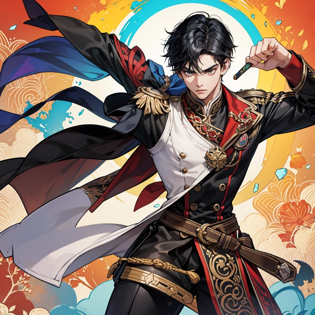 Create a muscular swordsman boy, attractive, black hair with somewhat dark skin, a military suit with bright and colorful colors inspired by pre-Hispanic clothing. All in a style as if it were a genshin impact character 