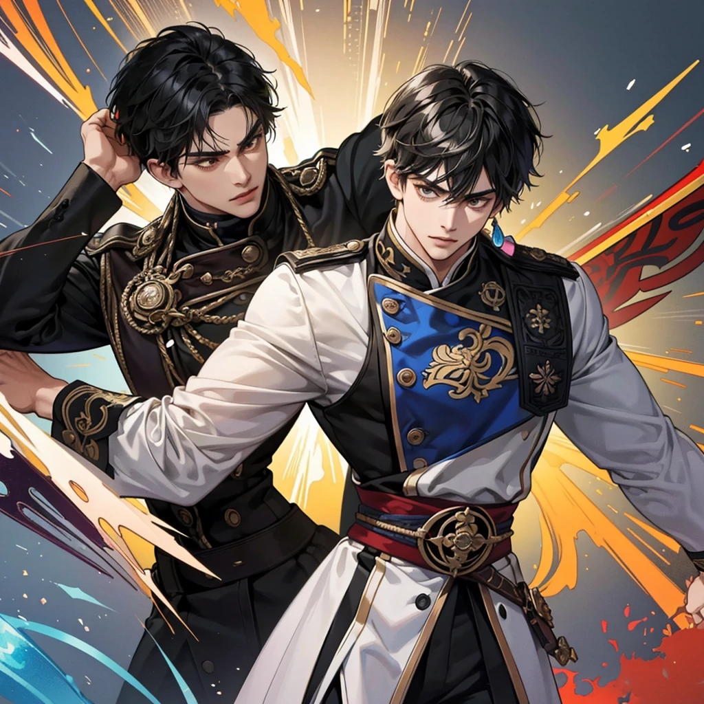 Create a muscular swordsman boy, attractive, black hair with somewhat dark skin, a military suit with bright and colorful colors inspired by pre-Hispanic clothing. All in a style as if it were a genshin impact character